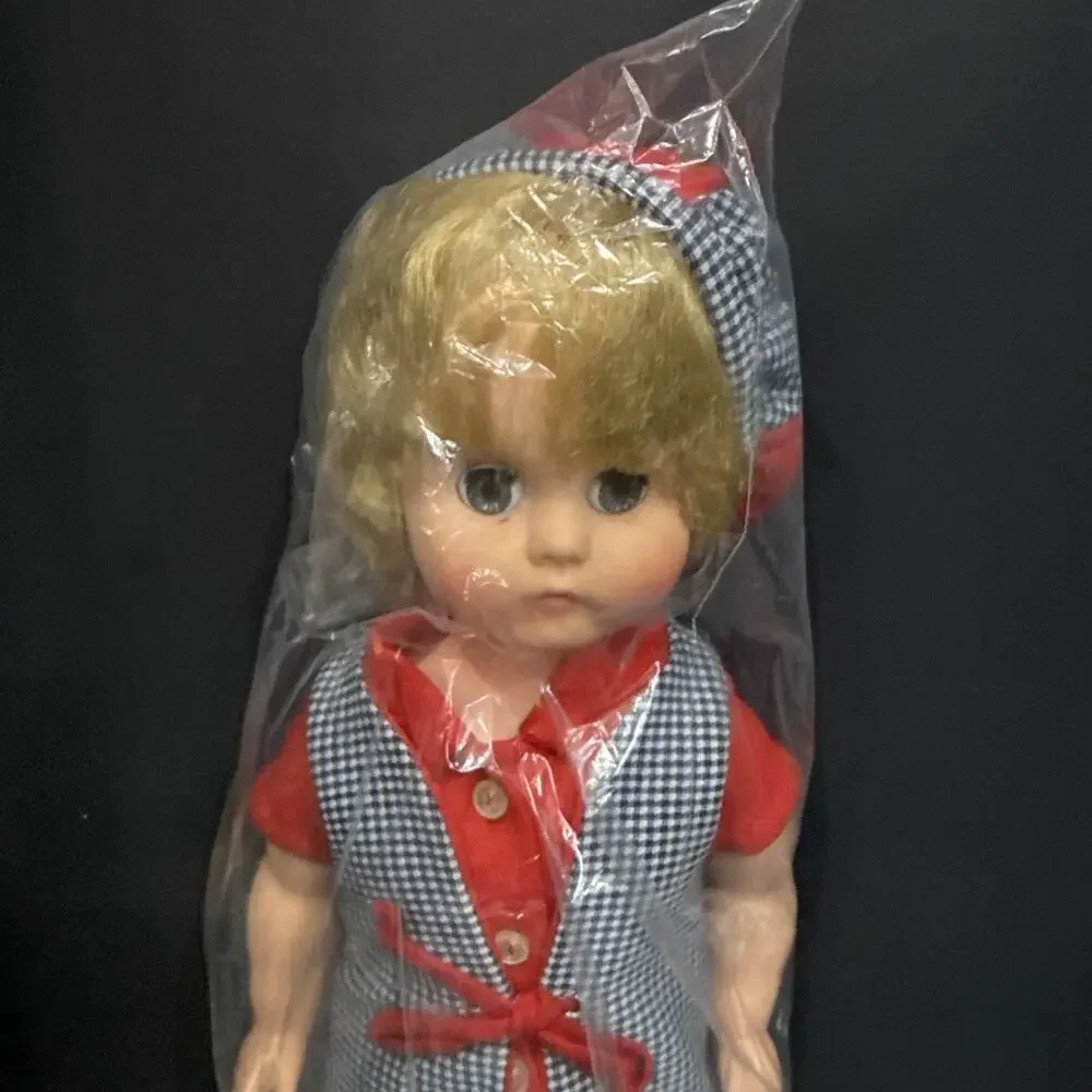 Vintage 19” Hard Plastic Blonde Girl Doll Blue Gingham Dress Red Trim *